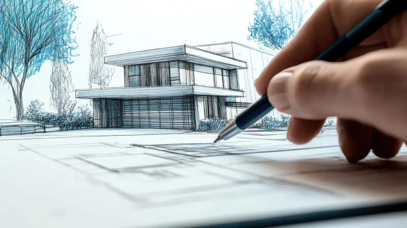 person drawing plans and blueprint